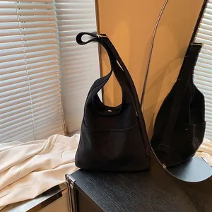 Women Vintage Frosted PU Leather Bucket Bag Large Capacity Minimalist Crossbody Shoulder Bag Handbag With Inner Pouch
