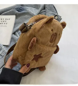 Detail of plush capybara crossbody bag featuring soft brown fur and metal zipper closure