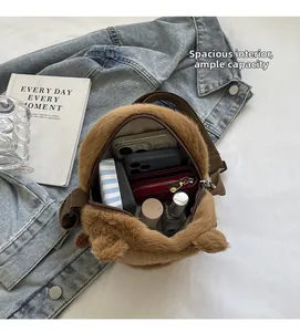 Plush Capybara crossbody bag interior view showing storage capacity for phone and cosmetics