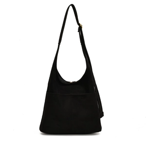 Retro black matte hobo bag with adjustable strap and front pocket in minimalist style