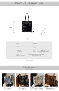 Size chart and color display for shiny patent leather tote bag in four metallic shades