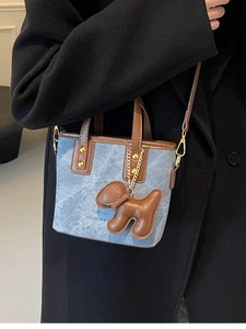Women Retro Bucket Bag PU Leather Denim Patchwork Crossbody Handbag With Puppy Charm Casual Shoulder Bag For Daily Matching