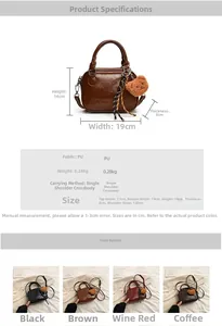 Detailed size specifications and material chart for small vintage crossbody bag
