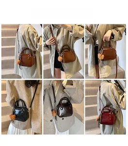 Collage of vintage glossy leather handbags with mini bear charms in various colors