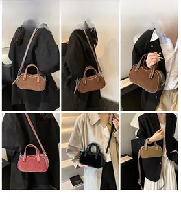 Multiple views of a textured Boston crossbody bag in brown pink black and khaki