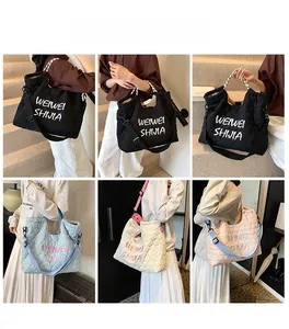 Quilted tote bag detail showing black, blue, beige, and pink color options for models