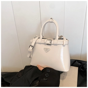 Détail d'un sac en cuir verni beige avec plaque logo mode et sangle à boucle élégante