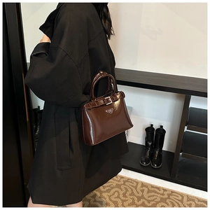 Vue latérale du sac à main en cuir verni marron foncé avec logo triangle et boucle métal