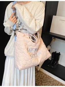 Women Casual Large Capacity Quilted Tote Bag Embroidery Letter Nylon Shoulder Bag Lightweight Crossbody Handbag For Work Travel