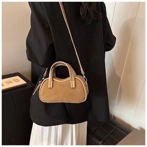 Minimalist camel suede leather handbag and crossbody bag with rounded design for women