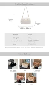 Detailed size specifications and color options for the plush bag with pearl chain handle