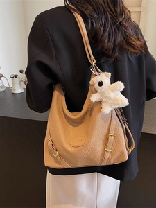 Khaki faux leather tote bag with teddy bear charm for daily autumn winter commute