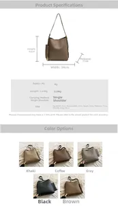 Size guide for large PU tote bag showing dimensions and colors like khaki and brown