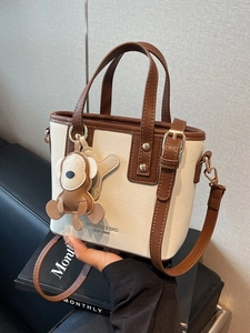 Mode Damen PU Leder Farbblock Eimertasche Mit Cartoon Tier Anhänger Kleine Umhängetasche Schultertasche Handtasche Für Den Täglichen Gebrauch