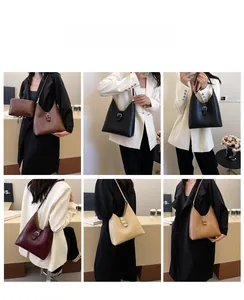 Detailed views of vintage faux leather shoulder bags in five classic colors for women