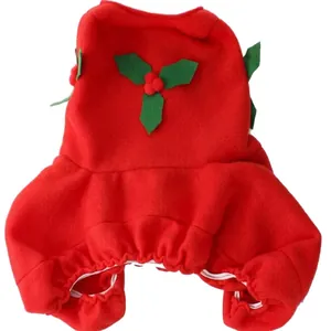 Christmas Santa style red fleece pet costume with holly leaf and berry holiday decorations