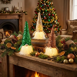 Three glowing Christmas gnomes with sequined hats and LED beards for holiday home decor