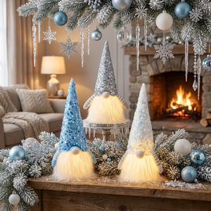 Three glowing Christmas gnomes with sequin hats and warm LED lights for home decor
