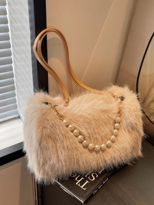 Chic apricot faux fur tote bag with pearl chain handle and leather shoulder strap