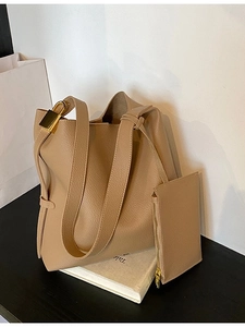 Women Large Capacity Tote Bag Litchi Grain PU Leather Shoulder Bag With Small Pouch Bucket Hobo Bag Commuter Gold Lock