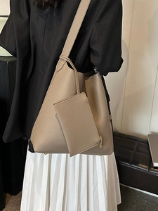 Mocha leather tote bag set with matching pouch and wide shoulder strap for women