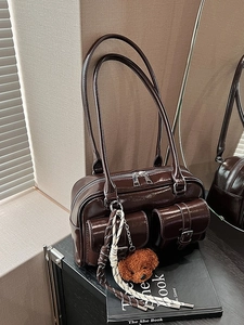 Sac sous le bras en cuir PU brillant vintage pour femme sac à bandoulière Boston rétro avec poches avant sac à main