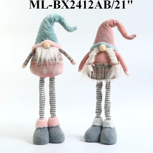 Detail of 21-inch plush Christmas gnomes with knitted hats and striped fabric legs