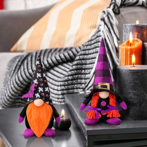Detailed view of Halloween gnome plush dolls set with ghost patterns and knitted braids