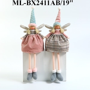 Detail of Christmas angel dolls with sequin wings, knit hats and long dangling legs