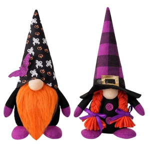 Halloween faceless gnome plush set featuring orange beards and purple bat hats