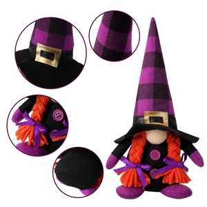 Halloween faceless witch gnome plush with orange braids and purple plaid hat