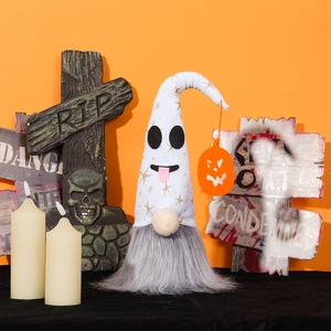 Detail of Halloween gnome featuring a white pointed hat with ghost face and plush grey beard