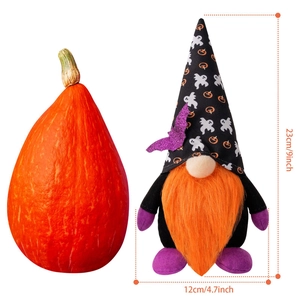 Halloween faceless gnome plush with purple bat and size markings 23cm by 12cm