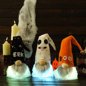 Three glowing Halloween gnomes set with EEK and BOO text on rustic wooden background