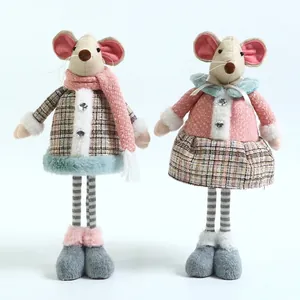 Set of two standing plush mouse dolls in plaid dresses for Christmas tabletop decoration