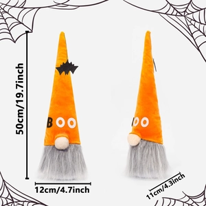 Detailed size chart of a 50cm tall Halloween orange boo gnome with bat ornament