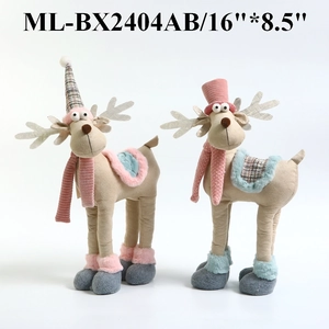 Pair of standing reindeer plush dolls with plaid hats and pink scarves for Christmas decor