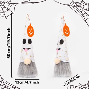 Detail of Halloween ghost gnome plush with starry hat and dimension scale in inches