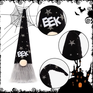Detail of Halloween gnome featuring black sequined hat with EEK text and gray plush beard