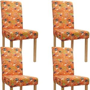 Set di 4 coprisedie elasticizzati per Halloween con motivi di zucche e fantasmi arancio