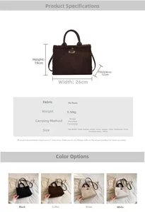Size chart showing dimensions and colors for the plush faux fur crossbody tote bag