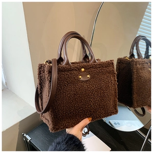 Detailansicht der braunen Teddy-Tasche mit Ledergriffen und goldener Metallschnalle