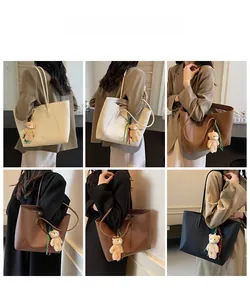 Detailed views of leather tote bags in various colors with cute bear charm accessories