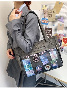 Large Capacity Oxford Cloth Ita Bag For Women Clear Transparent Window Heart Buckle Lace Trim Shoulder Tote Bag Anime Display Bag