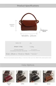 Detailed size specifications and material chart for the vintage PU leather handbag