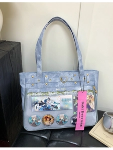 Light blue large capacity Oxford cloth ITA bag with transparent heart window and gold studs