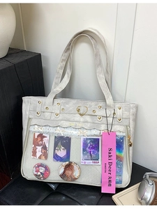 Large beige Ita bag in oxford cloth with transparent heart window and lace details