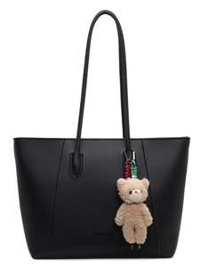 Large black leather tote bag with pebble texture and cute plush bear charm decoration