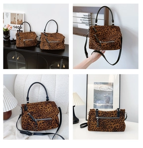 Ensemble de sacs cabas léopard présentés dans divers décors de maison et de bureau