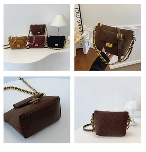 Detailed views of quilted crossbody bags in four colors with leather chain straps